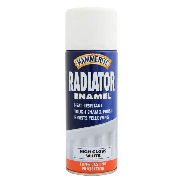 Hammerite 400ml radiator enamel gloss white aerosol can front label