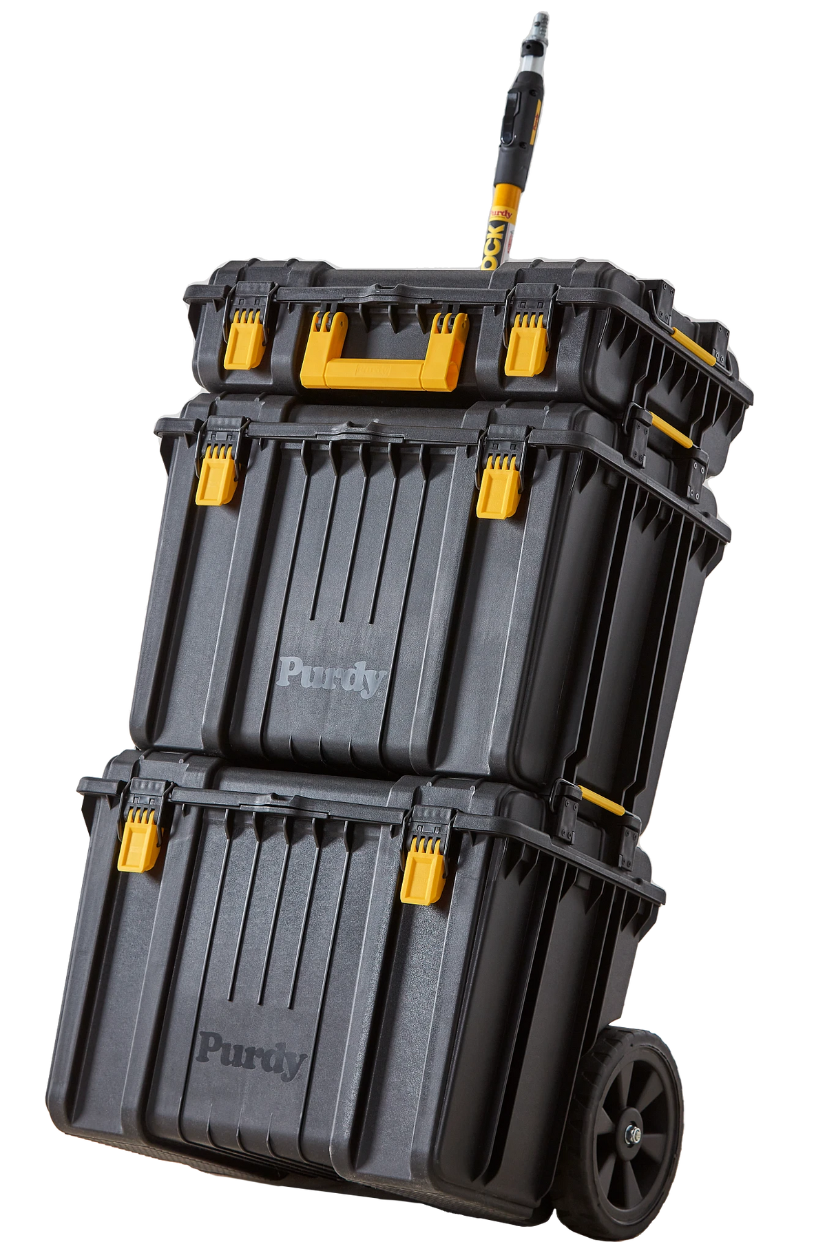 Purdy Painters Storage Box shown from the front with wheels visible