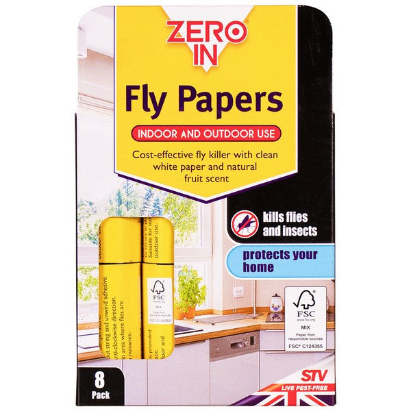Zero In Fly Papers 8 Pack close up of the white flypaper packaging