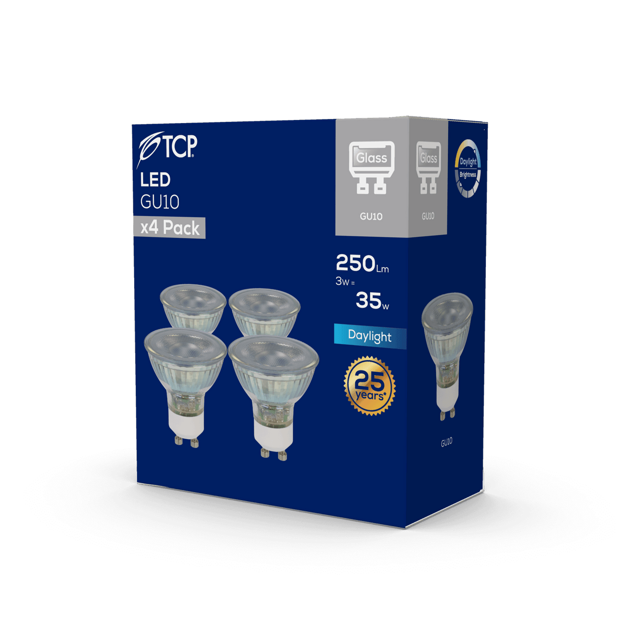 TCP LED GU10 Bulb, 250 Lumen, 6500K Daylight, Pack of 4 - packaging back