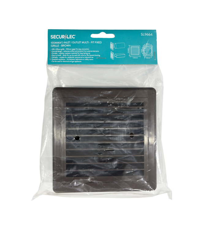 Securlec brown louvred ducting grille, 100mm multi fit spigot, front view