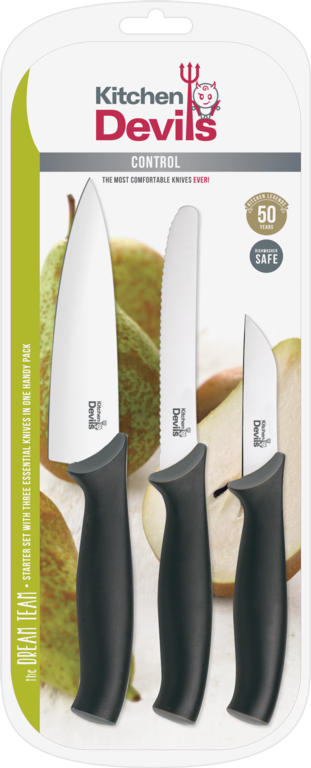 Kitchen Devils Control Starter Set box with paring knife, multi-purpose knife and small cook's knife