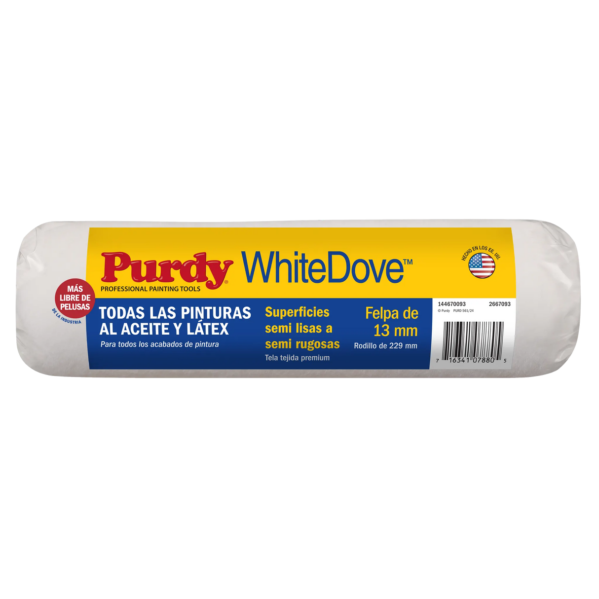 Purdy White Dove P-X roller sleeve back label showing 9 inch by 0.5 inch nap and 1.75 inch core specification