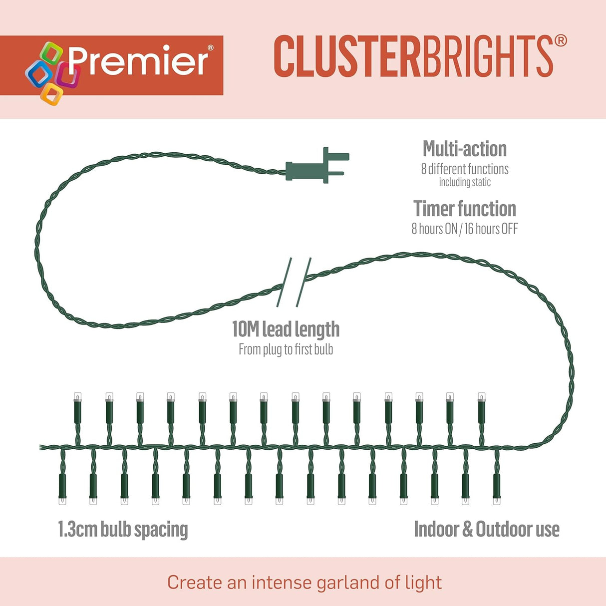 Premier 2000 LED Multi Action Cluster Brights With Timer - Red & Vintage Gold/Green Cable