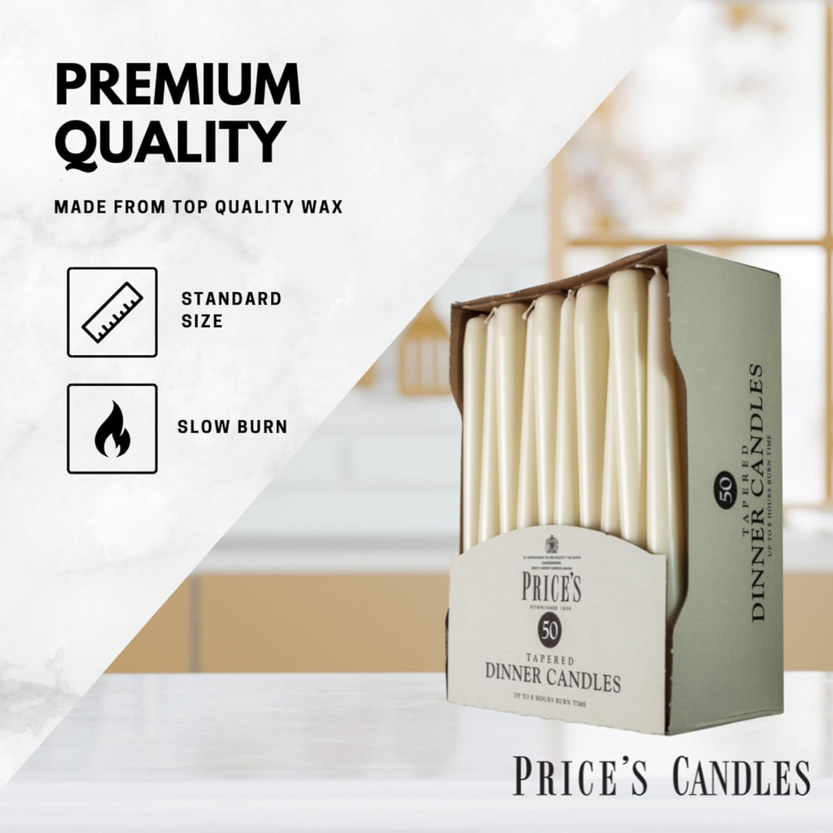 Price's Candles Tapered Dinner Candle Unwrapped 50 Pack - Ivory