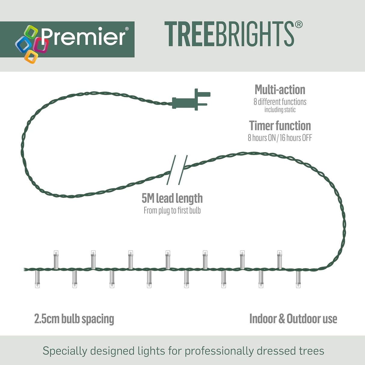 Premier 1000 LED Multi Action Treebrights With Timer - Rainbow/Green Cable