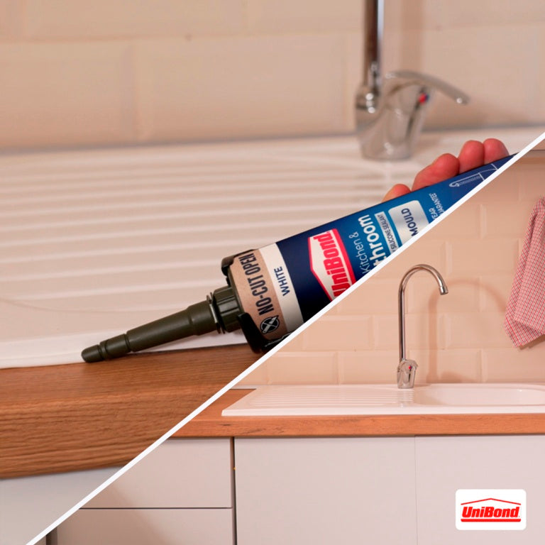 Applying UniBond Anti-Mould Kitchen & Bathroom Sealant around a kitchen worktop and sink