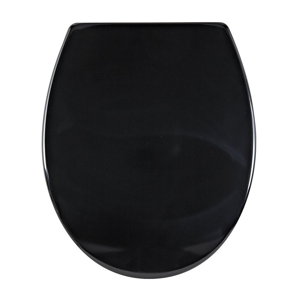 Black plastic toilet seat with quick-release hinges, similar budget style to SupaHome plastic seat