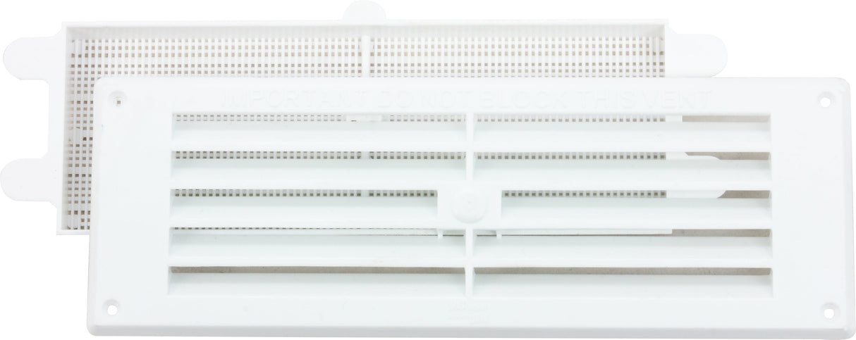 9x3 inch white louvred vent with removable flyscreen, angled product shot