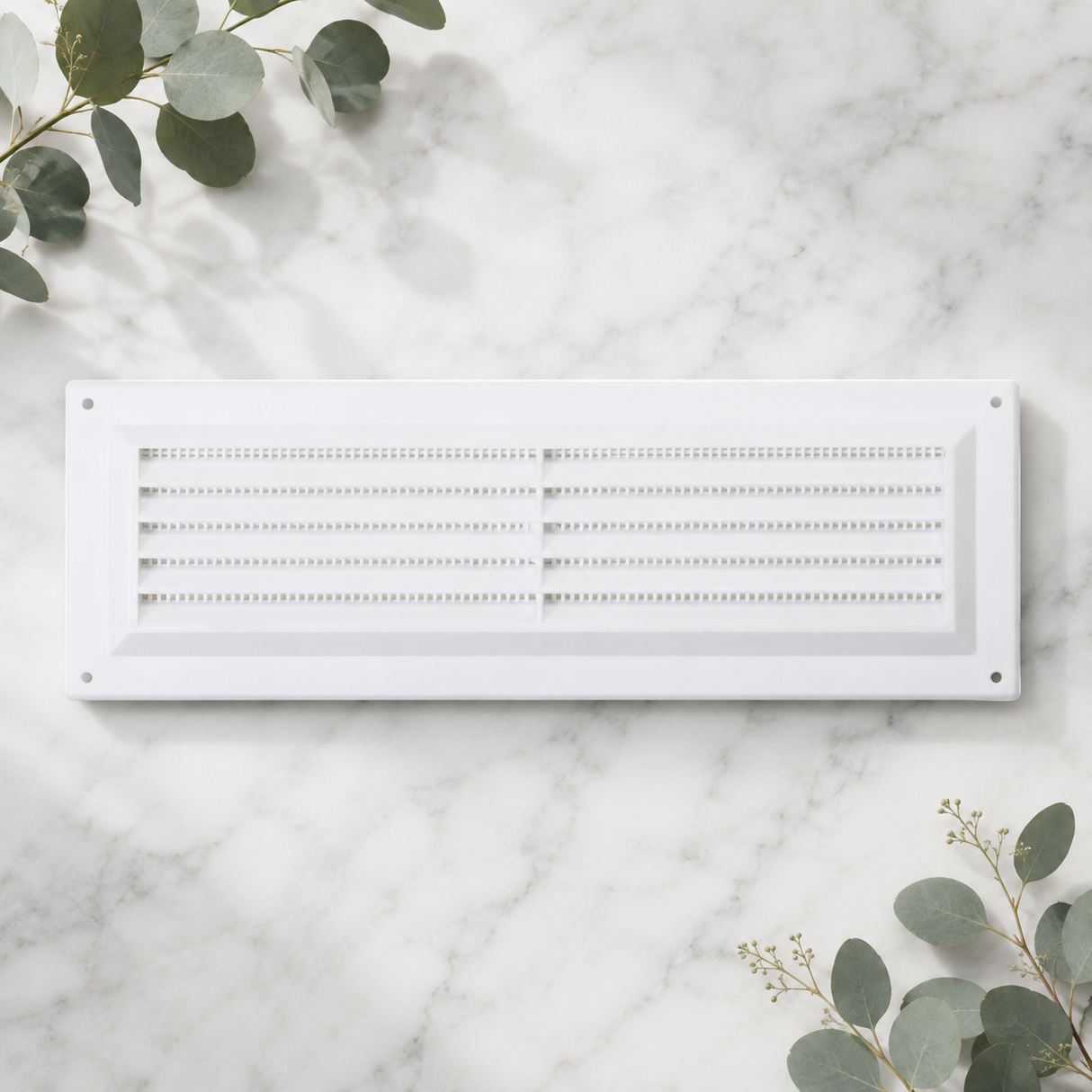 White plastic 9x3 louvre vent grille with visible internal flyscreen mesh