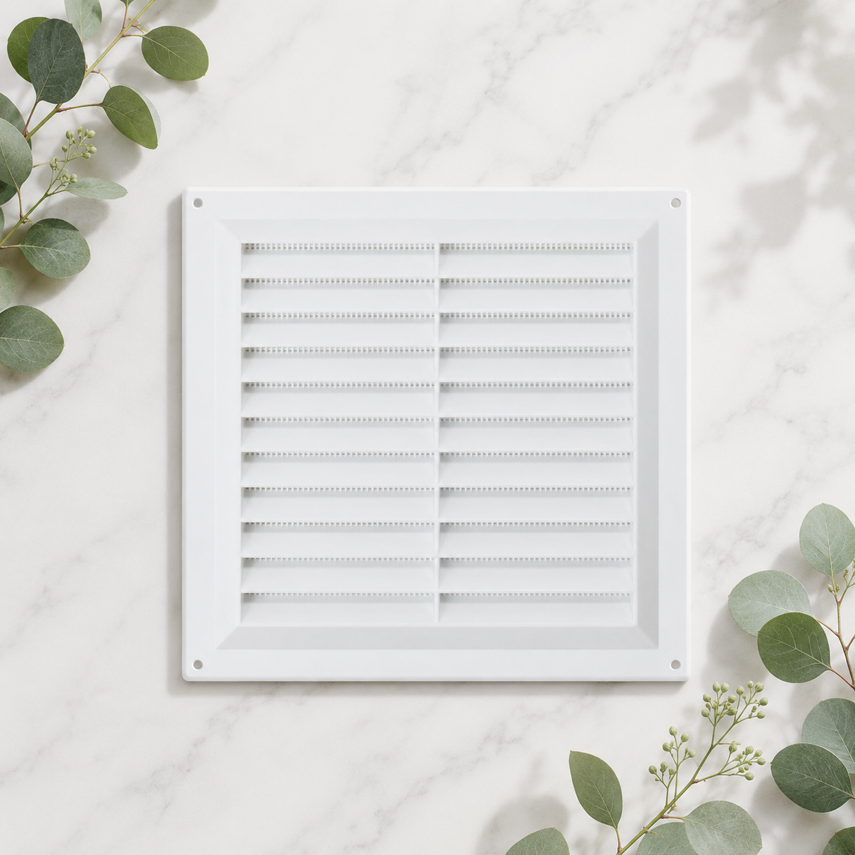 White plastic 9x9 louvre vent grille with visible internal flyscreen mesh