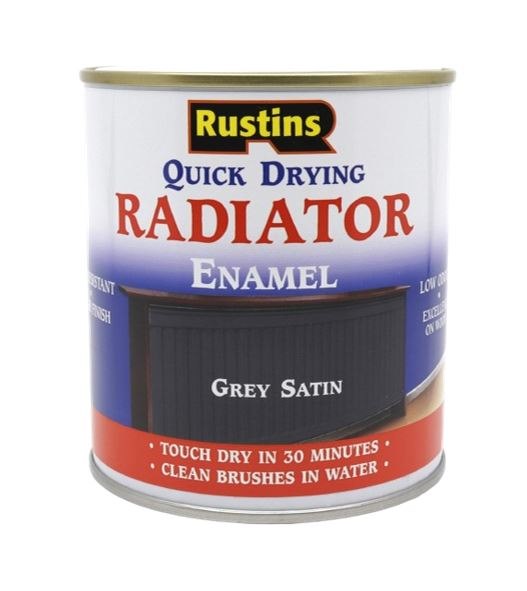 Rustins Quick Dry Radiator Paint Grey Satin 250ml tin front label