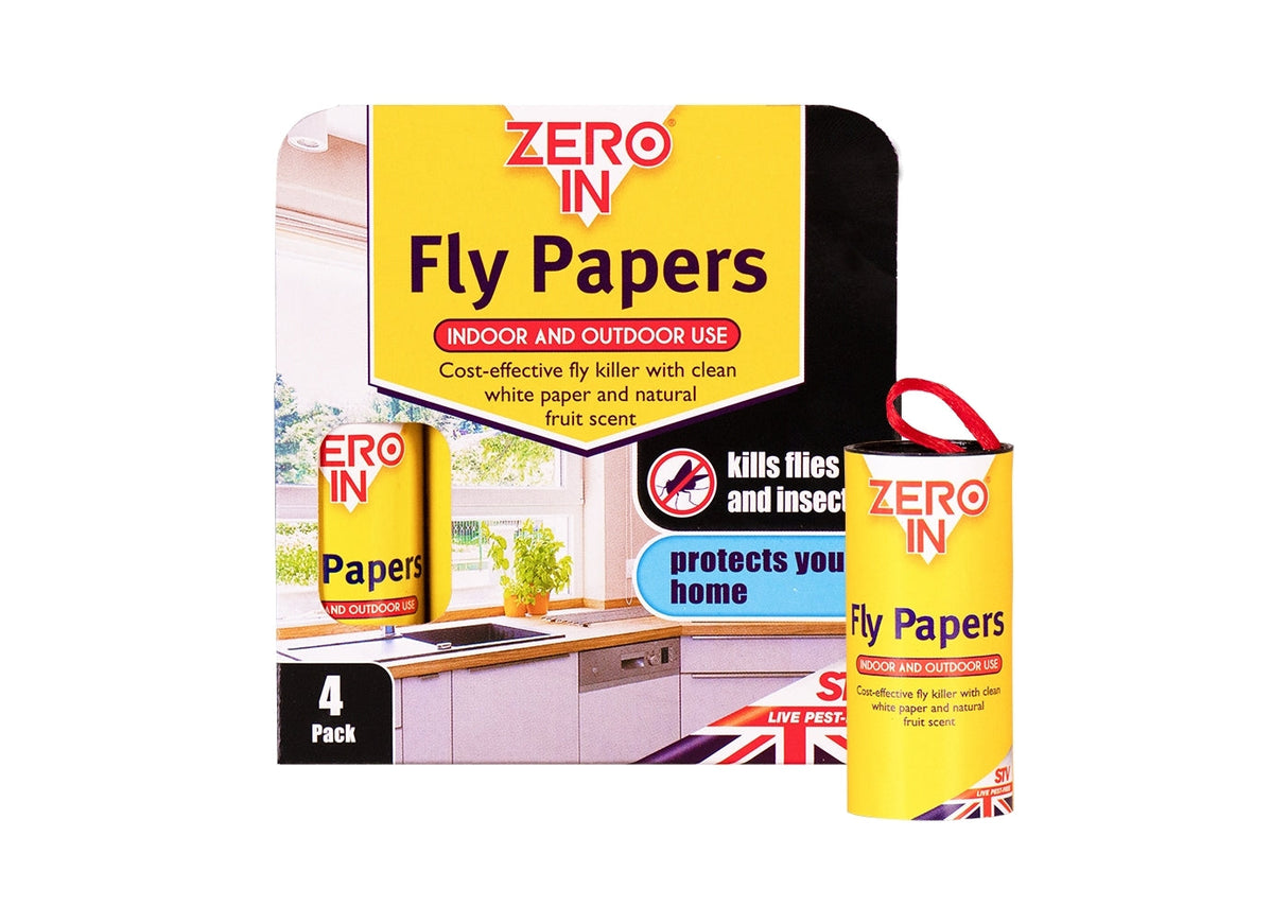 Zero In Fly Papers 4 pack retail packaging for indoor and outdoor fly control