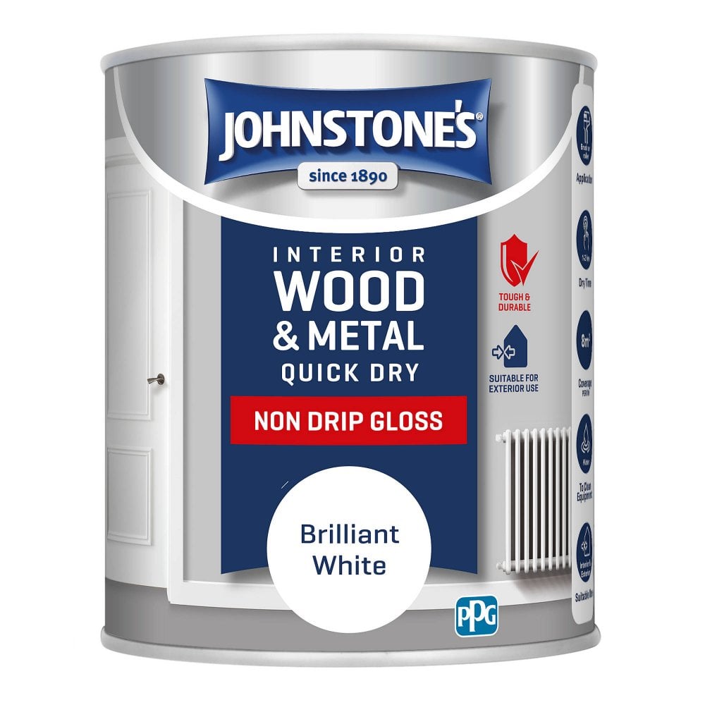 Johnstone's Brilliant White Quick Dry Gloss 750ml tin, wood and metal paint