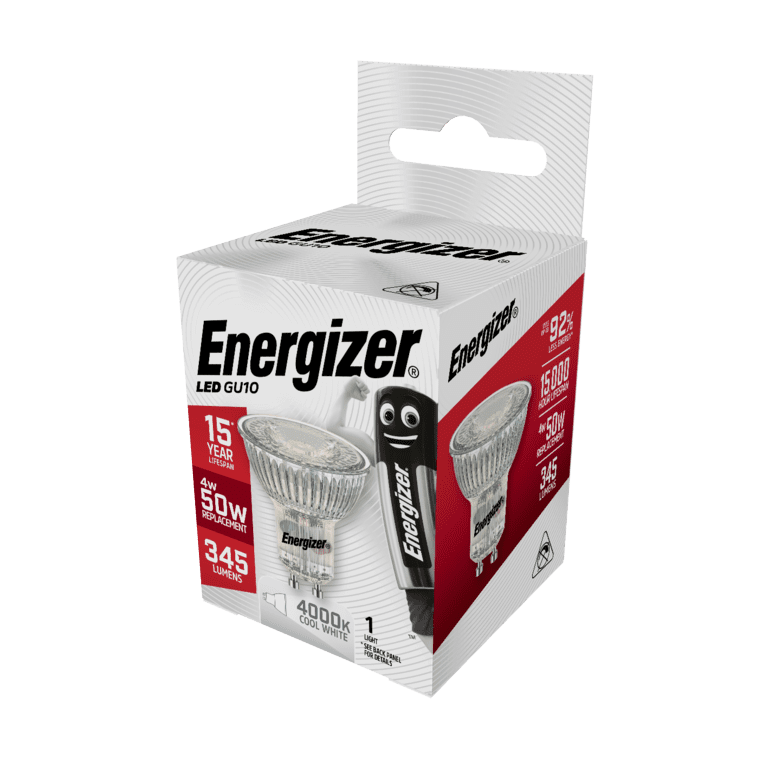 Energizer full glass LED GU10 bulb, cool white 4000K, 345 lumens, 4W