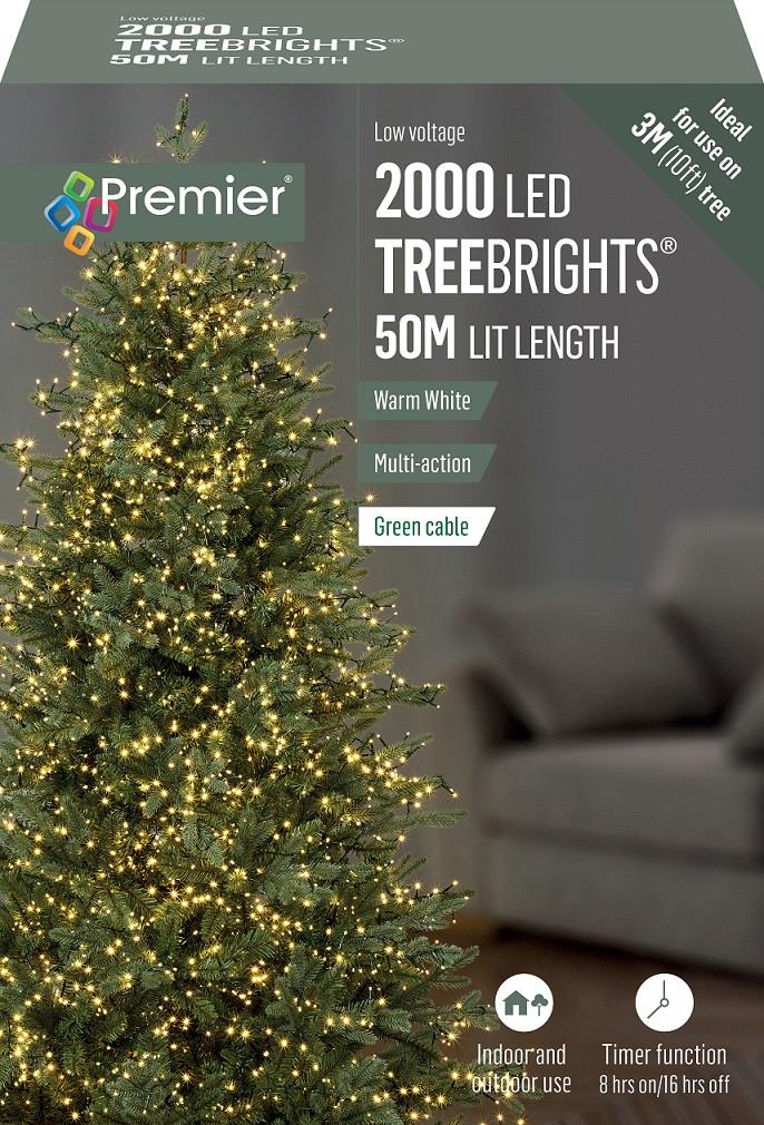Premier 2000 LED Multi Action Treebrights With Timer - Warm White/Green Cable