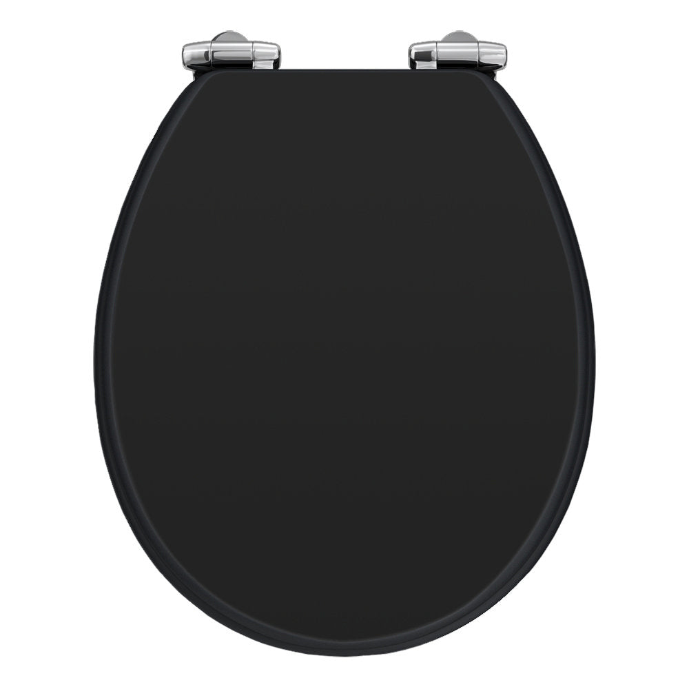 Black MDF toilet seat with chrome hinges, similar style to SupaHome Deluxe seat