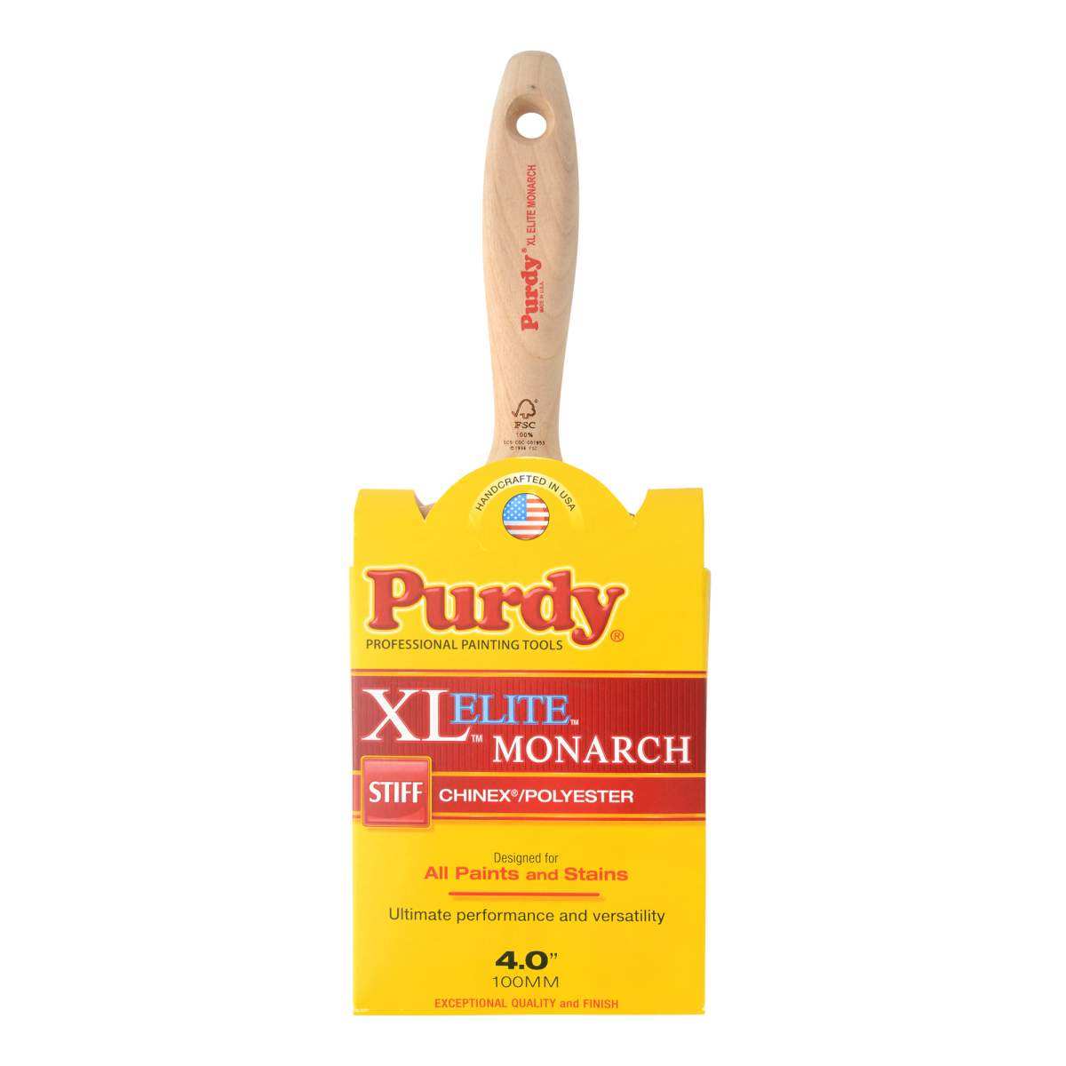 Purdy Monarch Elite paint brush shown from the side with visible bristle taper