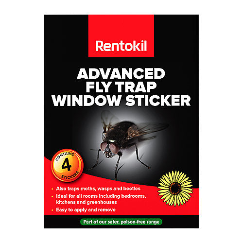 Rentokil Advanced Fly Trap window sticker packaging showing insecticide-free fly trap for home and greenhouse