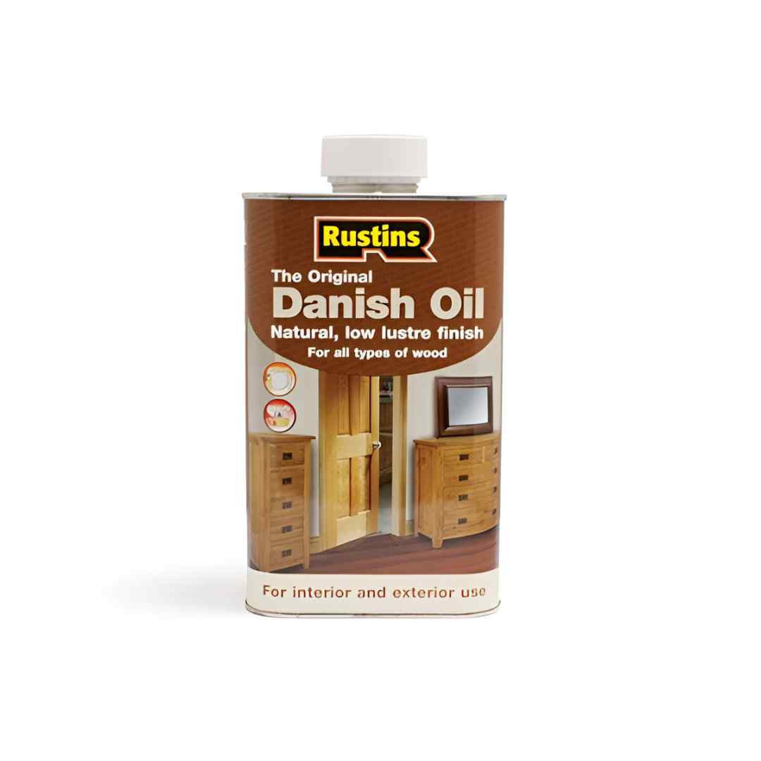 Rustins Original Danish Oil 2.5L tin label showing natural satin wood finish