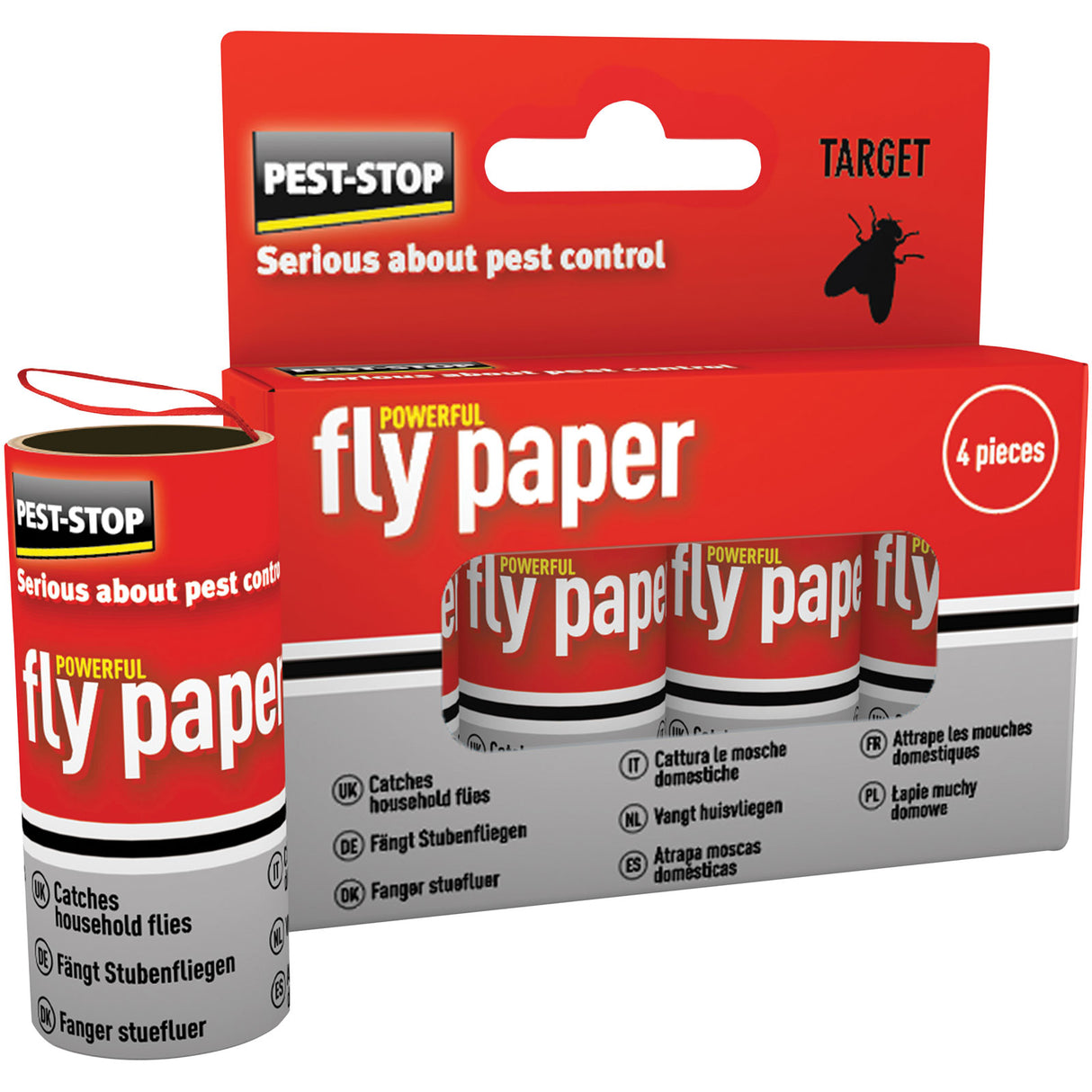 Pest-Stop sticky flypaper roll close-up, non-toxic household fly trap strip
