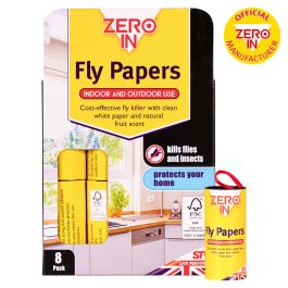 Zero In Fly Papers 8 Pack, group shot of the individual sticky fly trap papers