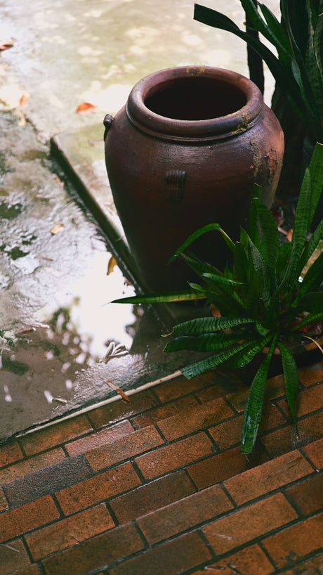 Wet brick garden path glistening after rainfall, illustrating typical UK weather conditions during patio projects