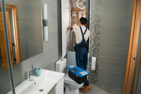 Plumber repairing fittings in a bathroom