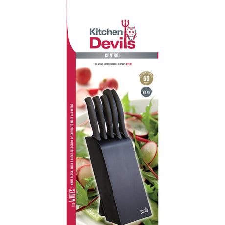 Kitchen Devils Control knife block set, five knives with ergonomic finger stop handles