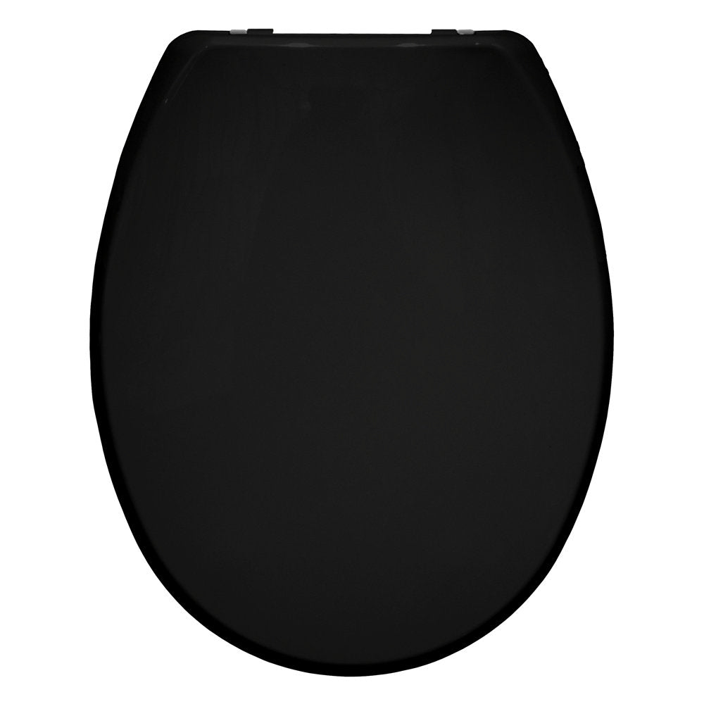 Black round plastic toilet seat with quick-release hinges, similar budget style to SupaHome plastic seat