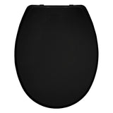 Black round plastic toilet seat with quick-release hinges, similar budget style to SupaHome plastic seat