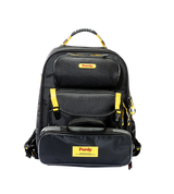 Purdy Painters Backpack shown open with brush and roller pockets visible