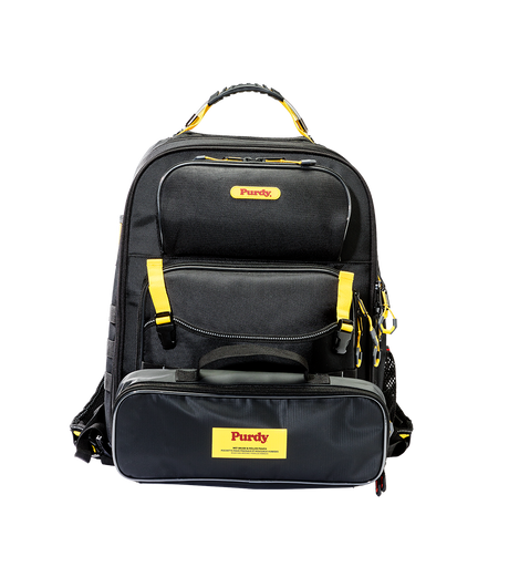 Purdy Painters Backpack shown open with brush and roller pockets visible
