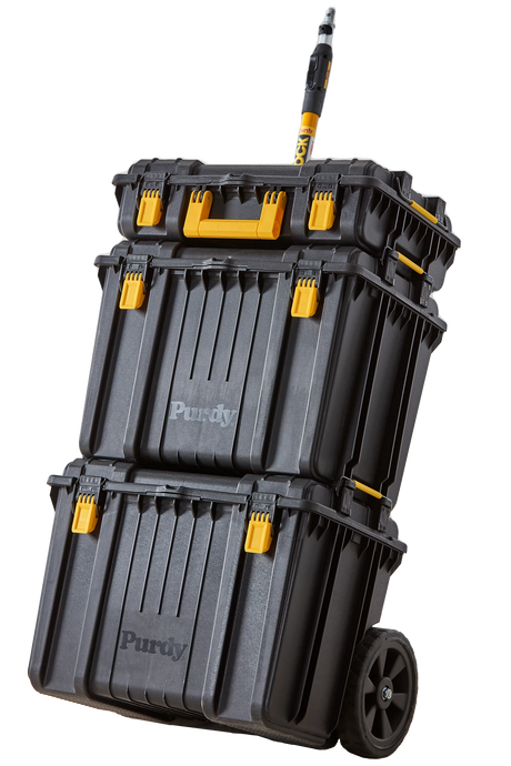 Purdy Painters Storage Box shown from the front with wheels visible