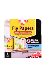 Zero In Fly Papers 4 pack box, natural attractant flypaper for indoor and outdoor fly control