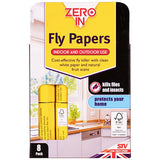Zero In Fly Papers 8 Pack close up of the white flypaper packaging