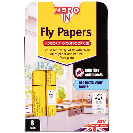 Zero In Fly Papers 8 Pack close up of the white flypaper packaging