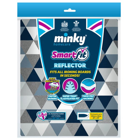Close up of the Minky Smartfit Reflector ironing board cover fabric and elasticated edge