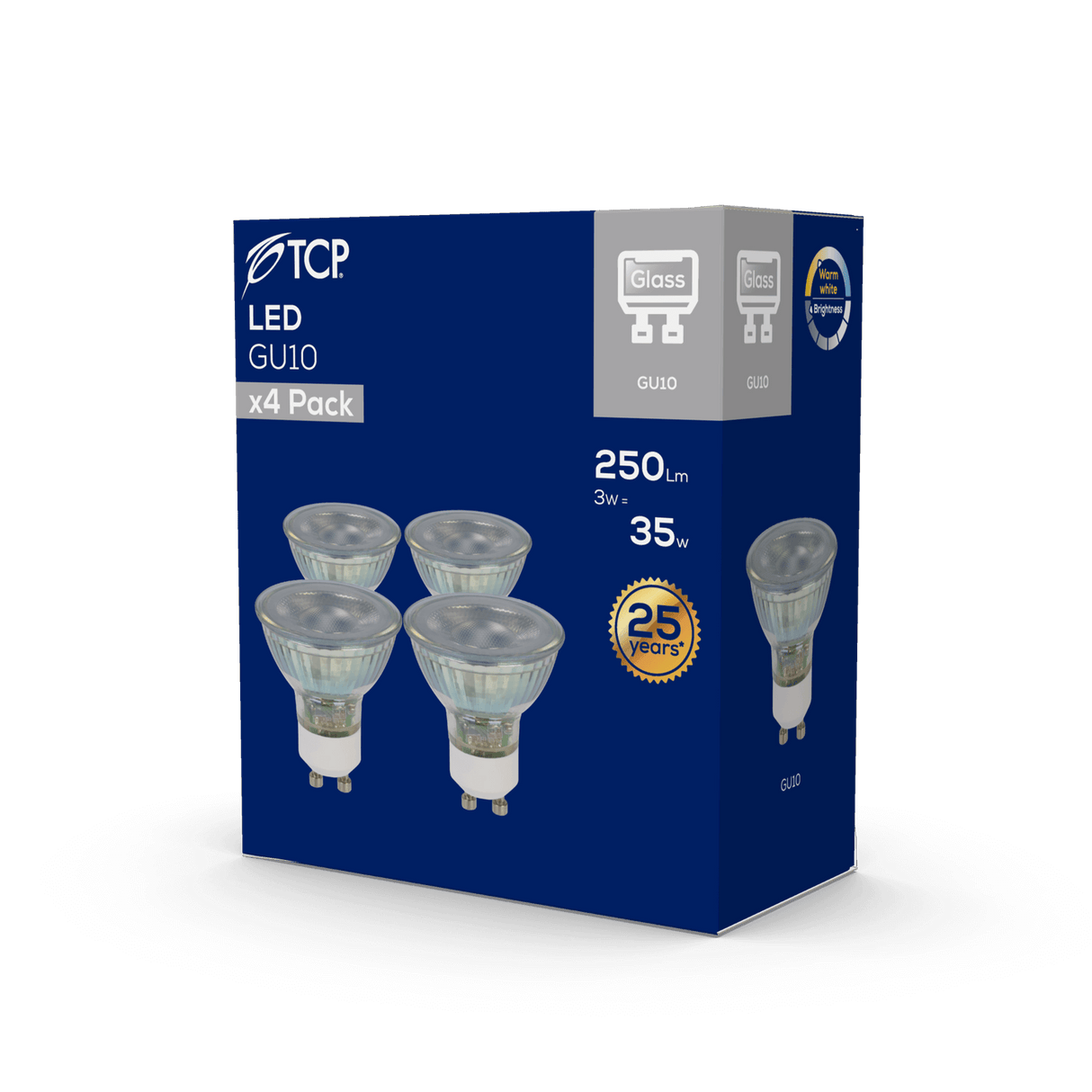 TCP LED GU10 Bulb, 250 Lumen, 2700K Warm White, Pack of 4 - packaging back