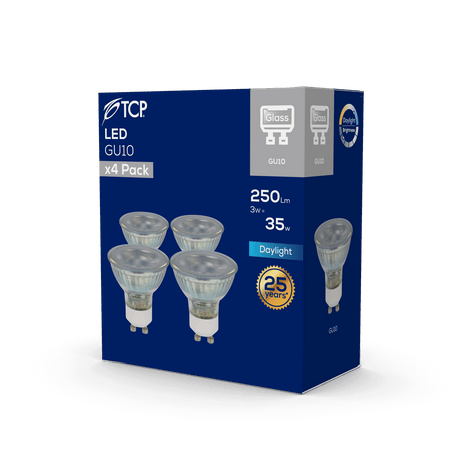TCP LED GU10 Bulb, 250 Lumen, 6500K Daylight, Pack of 4 - packaging back