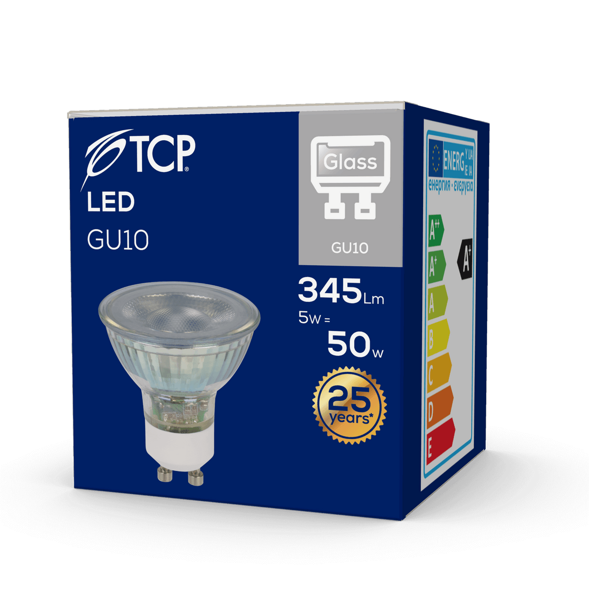 TCP LED GU10 Glass Spotlight Bulb, 345 Lumen, 2700K Warm White - packaging back
