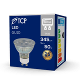 TCP LED GU10 Glass Spotlight Bulb, 345 Lumen, 2700K Warm White - packaging back