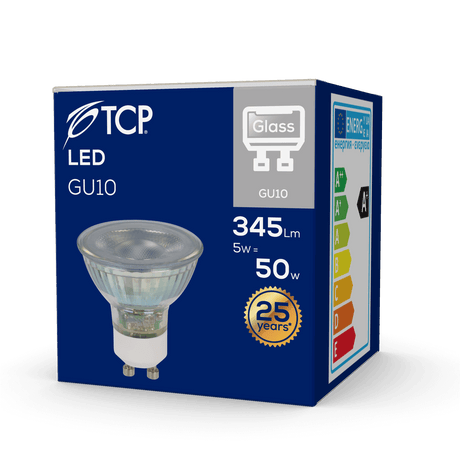 TCP LED GU10 Glass Spotlight Bulb, 345 Lumen, 2700K Warm White - packaging back