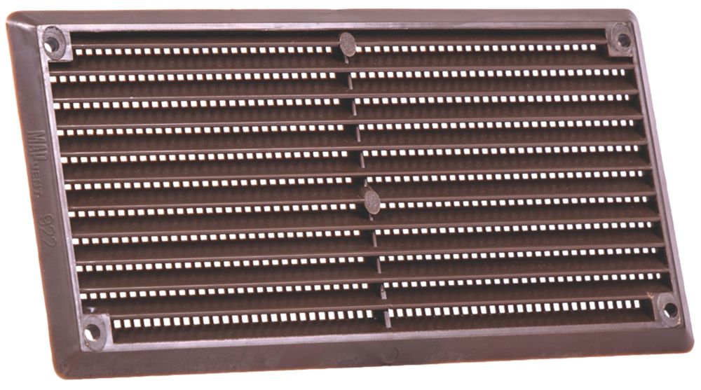 Brown plastic louvre vent 6 x 3 inch with fixed flyscreen, front view showing the angled slats
