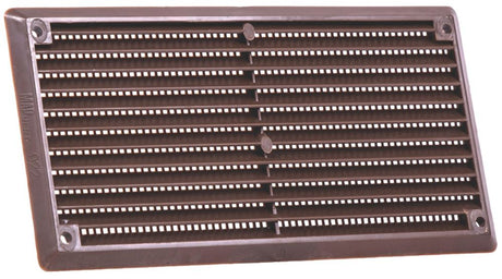 Brown plastic louvre vent 6 x 3 inch with fixed flyscreen, front view showing the angled slats