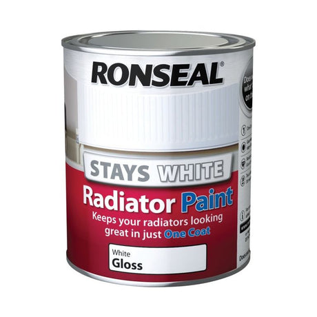 Ronseal One Coat Radiator Paint gloss white 250ml tin, front view