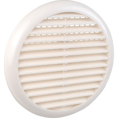 White round louvre vent cover with angled slats, 165mm diameter, front view
