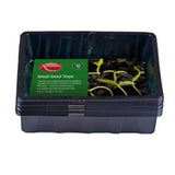 Pack of 10 small black Ambassador seed trays stacked together, compact seedling trays for windowsills and small greenhouses