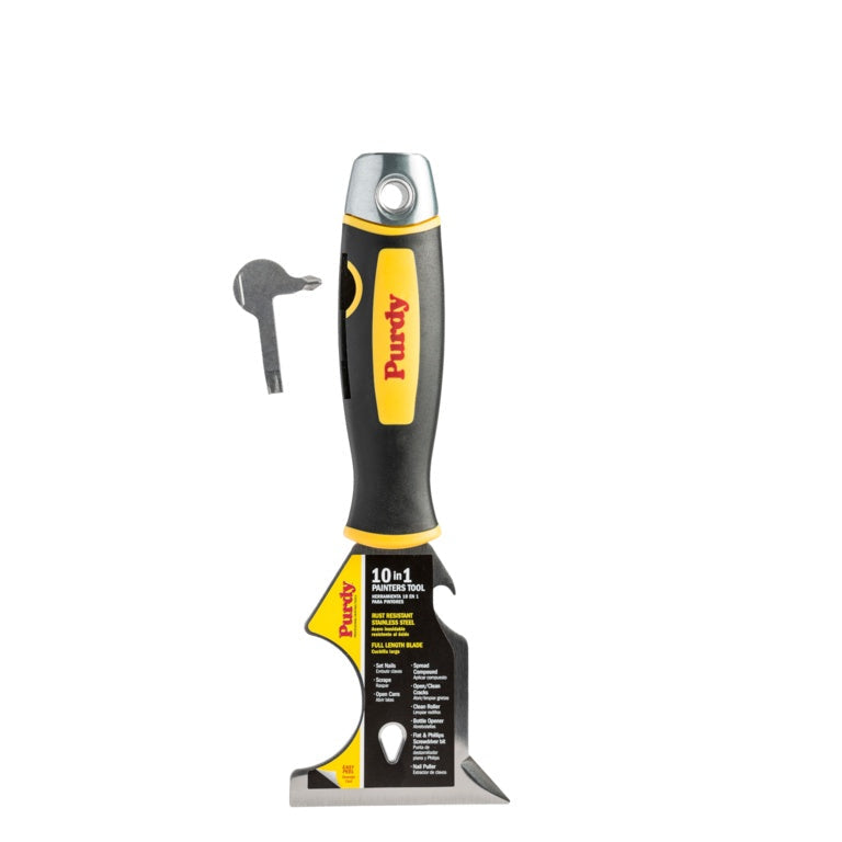 Purdy Premium 10-in-1 painters multi tool showing the full length stainless steel blade and rubberised grip