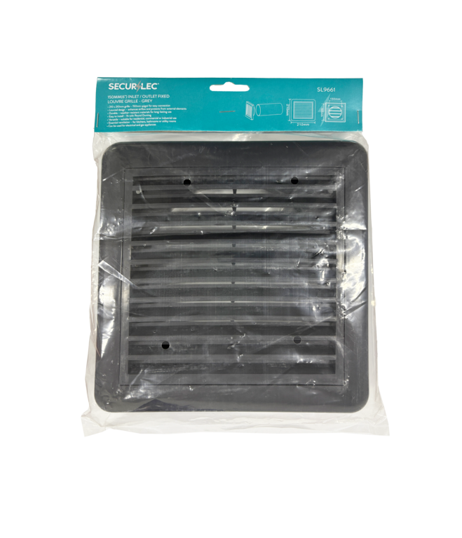 Securlec 150mm grey inlet/outlet fixed louvre ducting grille, original product listing photo showing spigot and grille face